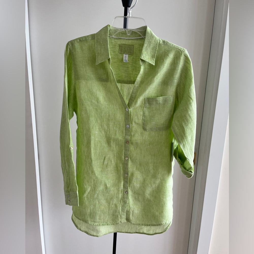 NWT Sigrid Olsen Premium linen shirt Skipper Collar Blouse tunic Pistachio Green